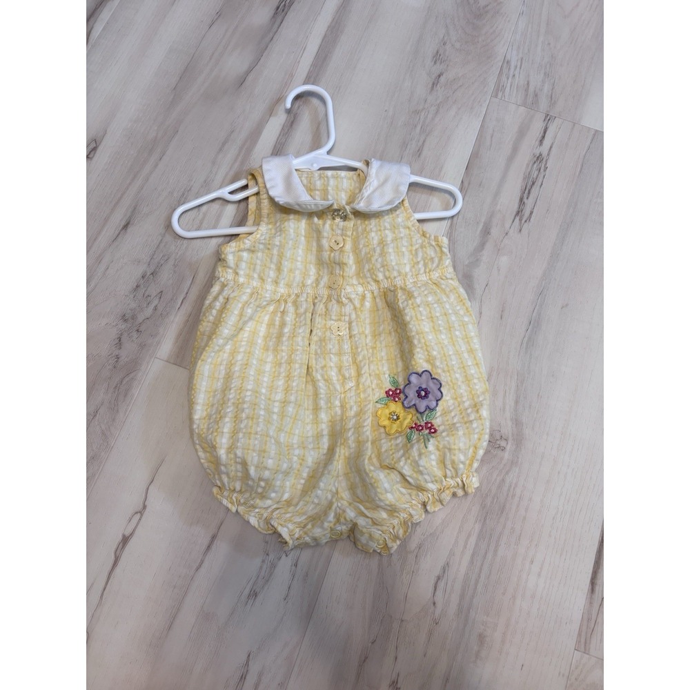 Y2K Yellow Bubble Romper, flower‎ appliqué, 12-18m, plaid, striped, collar